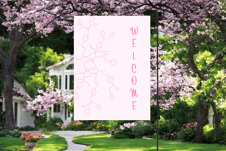 Cherry Blossom Welcome Garden Flag